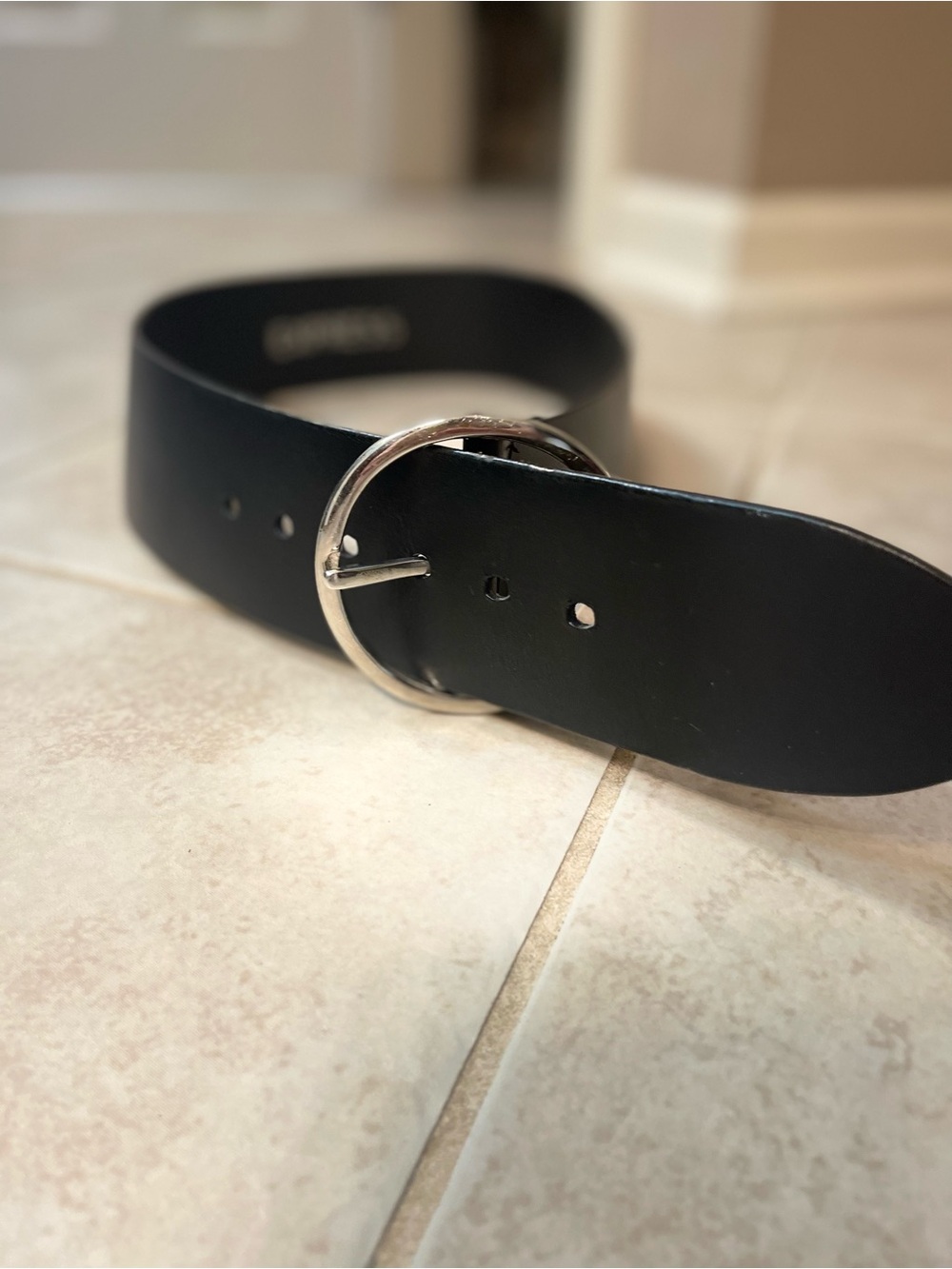 Express Black Leather Belt with Silver Round Buckle